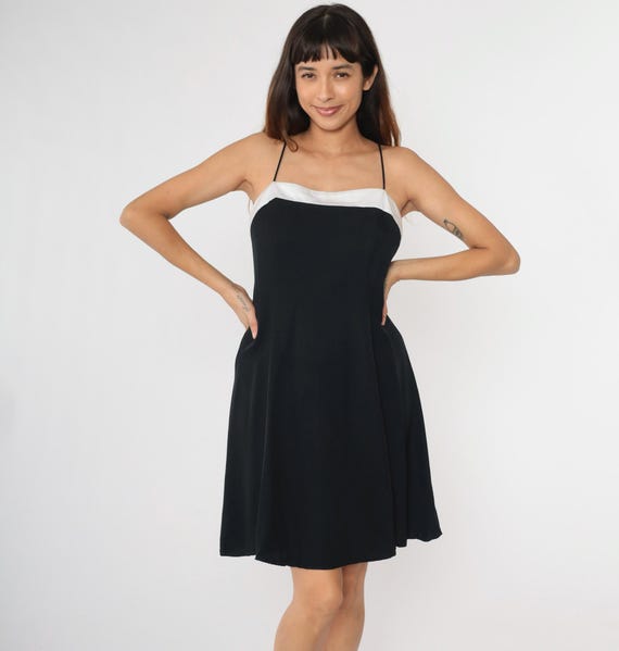 90s Black Party Dress Spaghetti Strap Mini Dress A-Line Flared Monochrome 1990s MiniDress Going Out LBD Vintage Retro White Small Medium