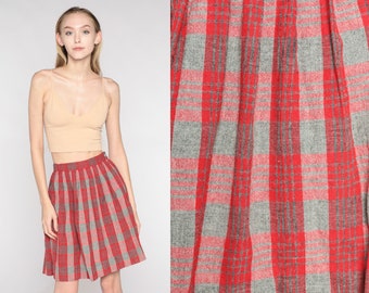 60s Mini Skirt Red Plaid Wool Blend Retro School Girl Skirt Pleated High Waist Preppy Checkered Lolita Grey Vintage 1960s 2xs xxs