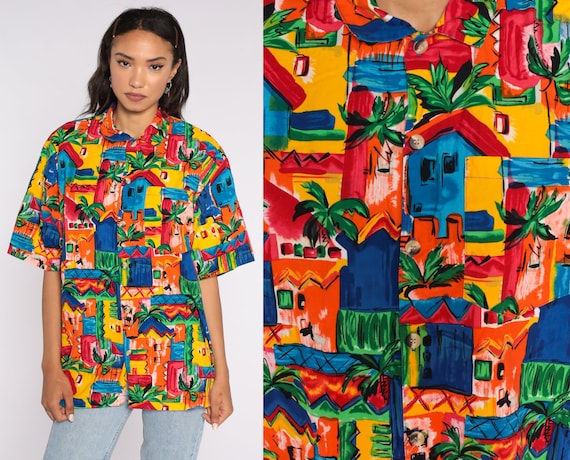 Tropical Palm Shirt 80s PALM TREE Shirt Bright Hawaiian SURFER Shirt Button Up Shirt 1980s Summer Top Beach Sea Large xl l