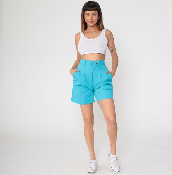 90s Trouser Shorts Turquoise Blue Floral Embroidered Pleated Shorts Preppy Shorts High Waisted Summer Vintage Mom 1990s Small 26
