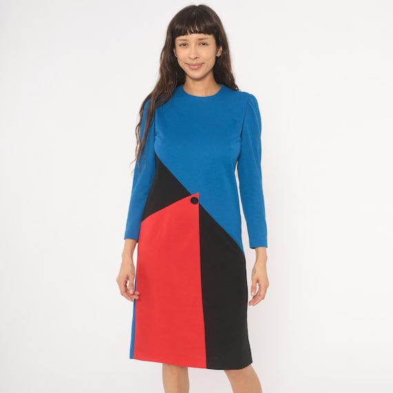 80s Color Block Dress Leslie Fay Blue Black Red Geometric Puff Sleeve Crew Neck Knee Length Button Detail Back Zip Cobalt Vintage Small S