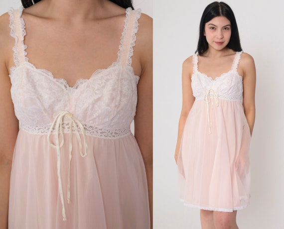 Pink Lace Nightgown 70s Olga Lingerie Mini Dress … - image 1