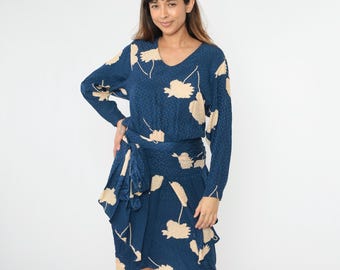 80s Floral Silk Dress Embossed Dot Print Midi Dress Vintage Pleated Peplum Long Sleeve Dress Blouson Attached Belt Retro 1980s Small 4