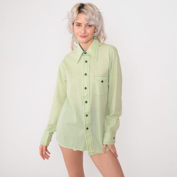 70s Mint Green Button Up Shirt 70s Semi Sheer Top Retro Preppy Long Sleeve Collared Plain Basic Seventies Vintage 1970s Men's 16 Large