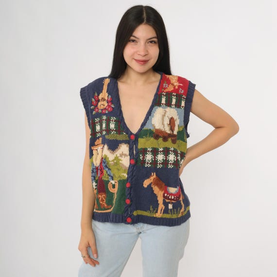 Farm Novelty Sweater Vintage 90s Vest Western Cowboy Horse Wagon Knit Ramie Cotton Blend Button Front Large L