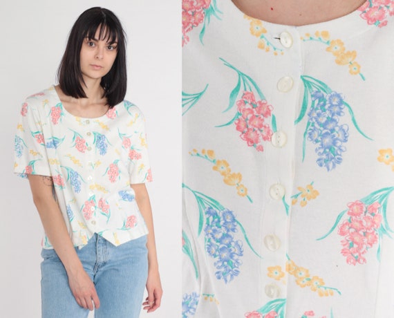 White Floral Blouse 80s Button up Shirt Flower Wildflower Print Top Retro Girly Summer Short Sleeve Boho Hippie Casual Vintage 1980s Large L