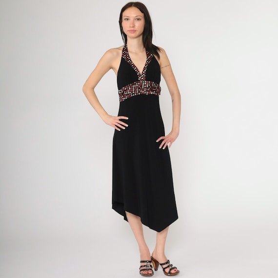 Y2K Black Halter Neck Dress Vintage Polka Dot Empire Waist Asymmetrical Hanky Hem Stretchy Tank 00s Sleeveless Party Midi Retro Medium