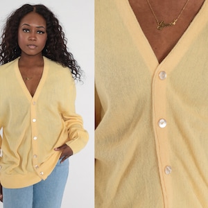 80s Cardigan Sweater Yellow V Neck Knit Sweater Button Up 1980s Grandpa Plain Slouchy Vintage Retro Button Down Boyfriend Sweater Large
