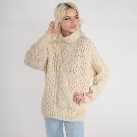 Cream Turtleneck Sweater 90s Cable Knit Pullover … - image 2