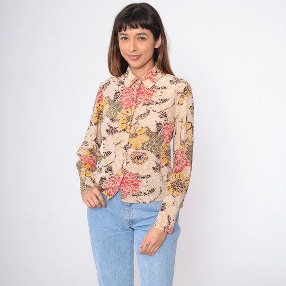 90s Abstract Floral Blouse Beige Red Yellow Sunflower Button Up Shirt Boho Pattern Long Sleeve Collared Top 1990s Vintage Medium 8