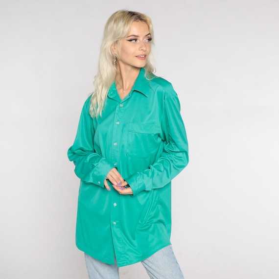 70s Green Shirt Dagger Collar Shirt Button Up Shirt Long Sleeve Top Disco Shirt Plain Seventies Vintage 1970s Oxford Extra Large xl