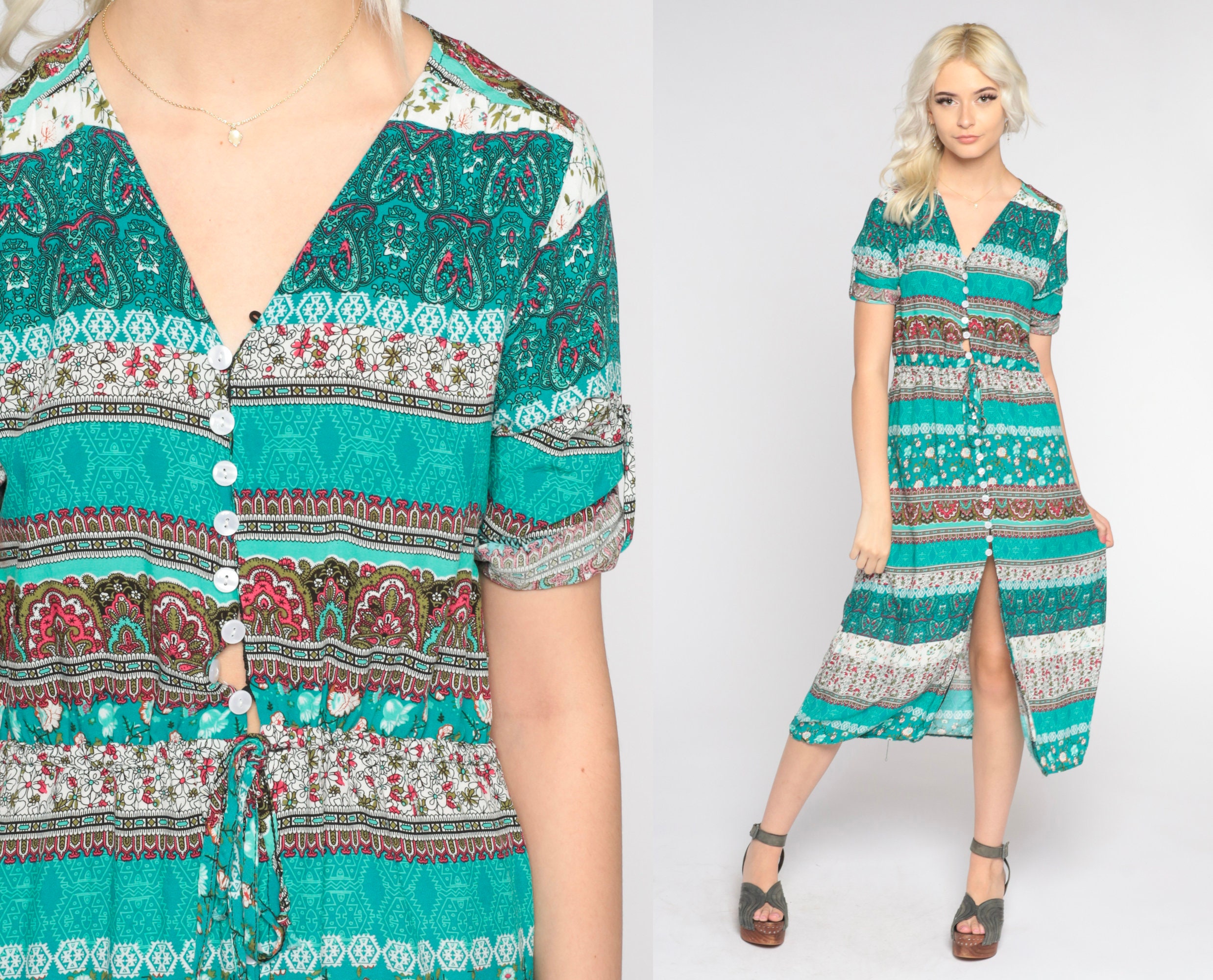 Boho Midi Dress Y2K Turquoise High Slit Floral Striped Paisley Dress