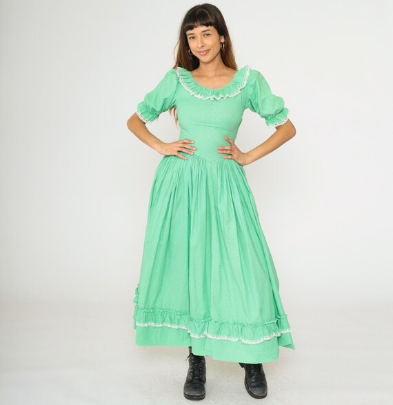 Vintage 60s Prairie Dress Mint Green Polka Dot Puff Sleeve Country Dress Cottagecore Maxi High Waist Fit and Flare 1960s Extra Small xs