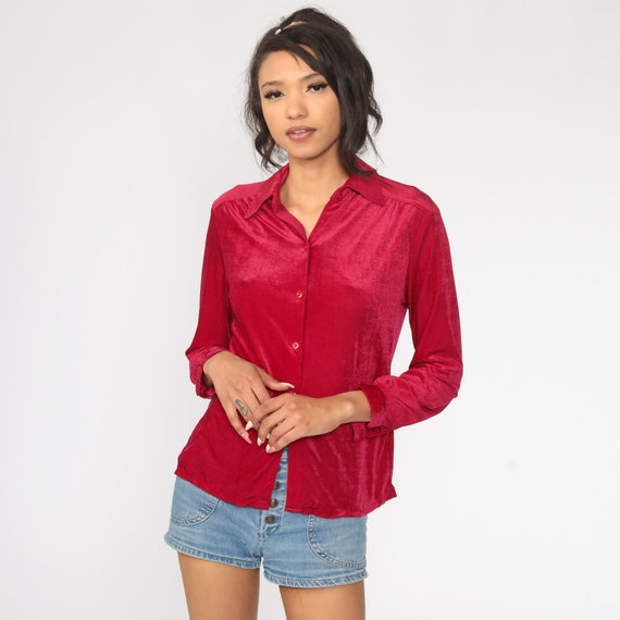 Velour Shirt Raspberry Button Up Shirt Long Sleev… - image 2