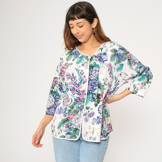 Vintage 90s Floral Cotton Blouse White Multicolor Button Up Top Piped Trim 3/4 Long Sleeve Cottagecore Garden Shirt 1990s Large