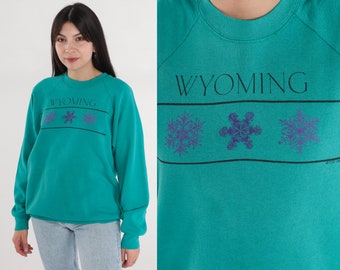 Wyoming Sweatshirt 90s Teal Green Pullover Crewneck Sweatshirt Snowflake Graphic Raglan Sleeve Ski Sweater Vintage 1990s Extra Large xl