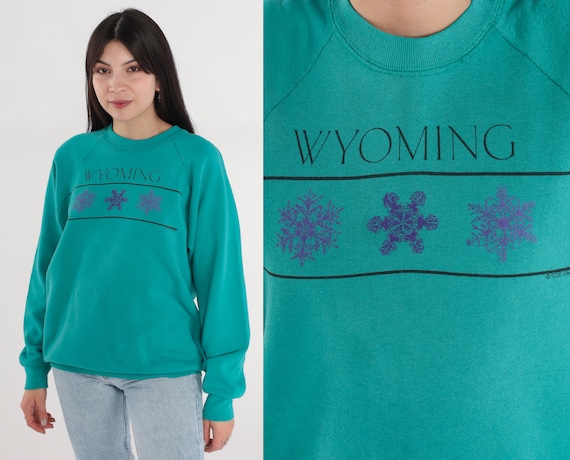 Wyoming Sweatshirt 90s Teal Green Pullover Crewneck Sweatshirt Snowflake Graphic Raglan Sleeve Ski Sweater Vintage 1990s Extra Large xl