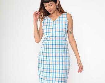 Checkered Sheath Dress 90s Tommy Hilfiger Mini Dress Vintage Plaid Print V Neck Sleeveless Dress Sheath Pencil White Blue Pink Small