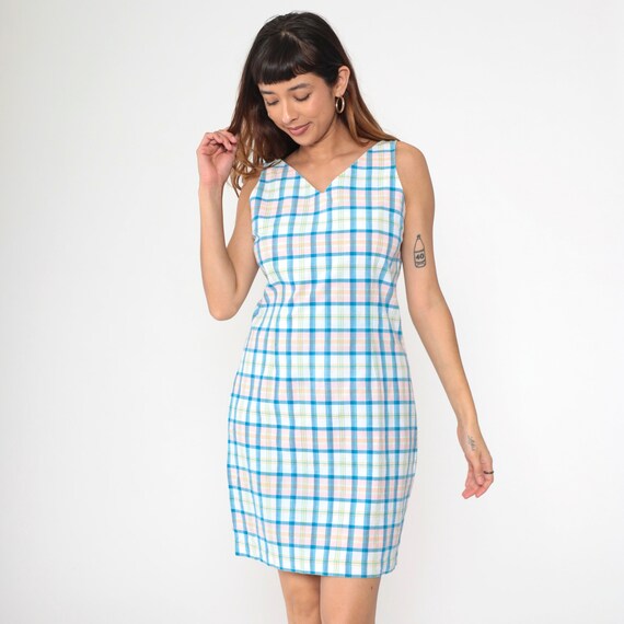 Checkered Sheath Dress 90s Tommy Hilfiger Mini Dress Vintage Plaid Print V Neck Sleeveless Dress Sheath Pencil White Blue Pink Small