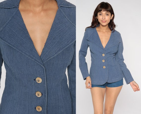 70s Blazer Jacket Blue Notched Collar Hippie Boho Button Up Preppy Collared Jacket Retro Bohemian Tailored Seventies Vintage 1970s Medium M