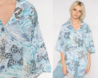 Tropical Floral Shirt 90s Blue Hawaiian Button Up Blouse Retro Surfer Vacation Short Sleeve Flower Print Vintage 1990s Tourist Top 3xl xxxl