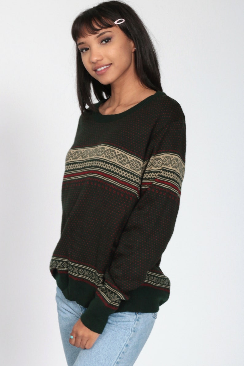 Fair Isle Sweater 80s Dark Green Nordic Sweater Slouchy Sweater Knit Grunge Striped 1980s Retro Boho Pullover Sweater Jumper Men/'s Medium
