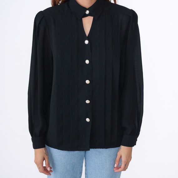 Black Keyhole Blouse 90s Pearl Button Up Top Puff… - image 7