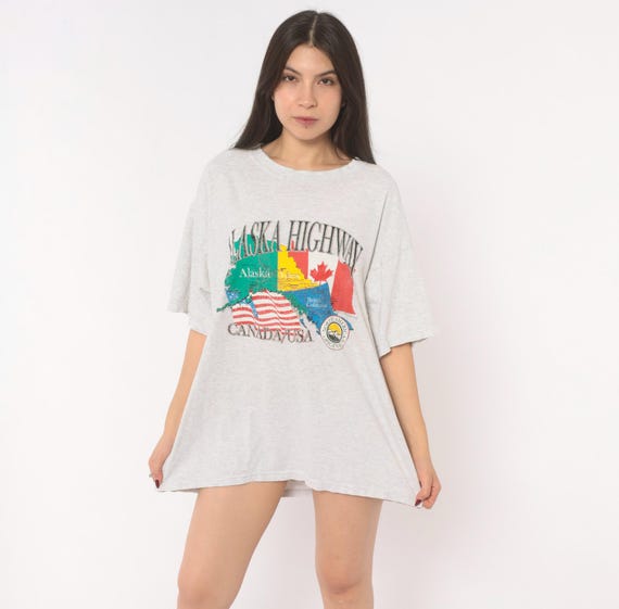 Alaska Highway Graphic Tee 90s Souvenir Map Print Cotton Shirt Canada USA Travel Tourism Grey Heather Ash Vintage Top Extra Large XL
