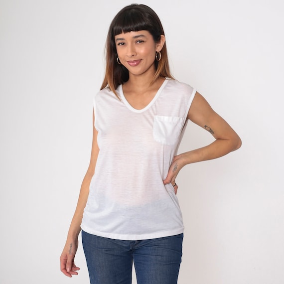 Sheer White Muscle Tee Shirt 80s Tank Top Tee Ret… - image 4