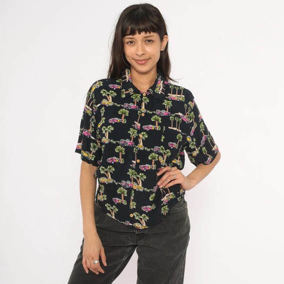 Classic Cars Hawaiian Shirt 90s Palm Tree Print Black Pink Yellow Tropical Camp Collar Top Vacation Beach Summer Unisex Extra Small XS