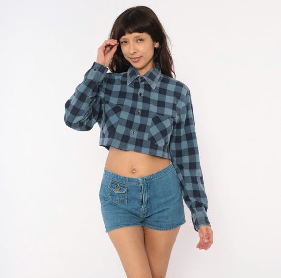 Cropped Dickies Flannel 90s Buffalo Plaid Shirt Blue Navy Check Cotton Button Front Grunge Top Boxy Cut Crop Lumber Jacket Blouse Small S