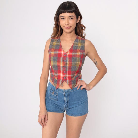 70s Plaid Vest Wool Red Gray Yellow Button Front V Neck Sleeveless Bobbie Brooks Preppy Waistcoat CroppedVintage Layering Extra Small XS
