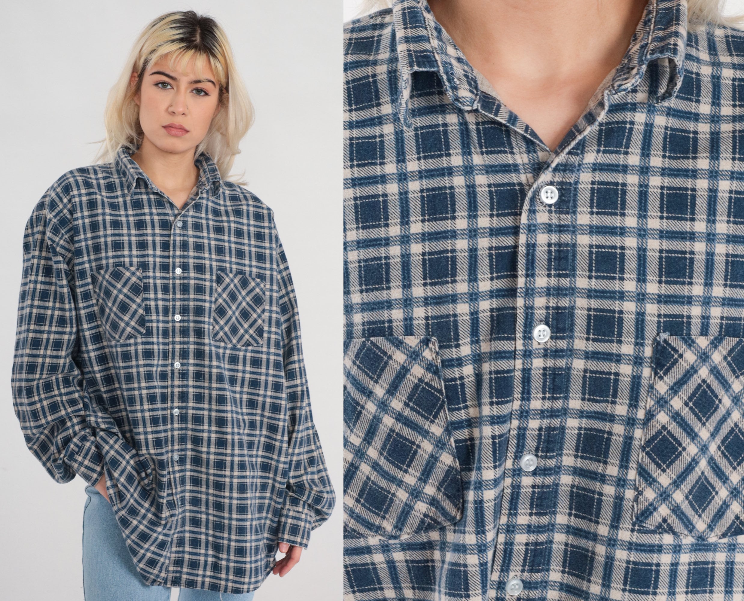 Blue Plaid Shirt 90s Flannel Button up Shirt Retro Grunge - Etsy