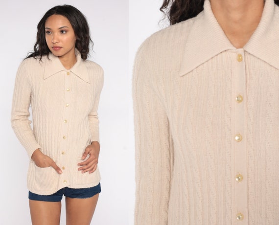 Cable Knit Cardigan 70s Cream Button Up Sweater Dagger Collar Boho Hippie Acrylic Grandpa Slouchy 1970s Vintage Bohemian Cableknit Small S