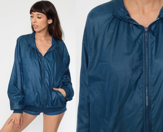 Blue Windbreaker Jacket 80s Windbreaker Retro Sports Plain Dark Blue Jacket Raglan Sleeve Jacket Normcore Vintage 1980s Men's Large