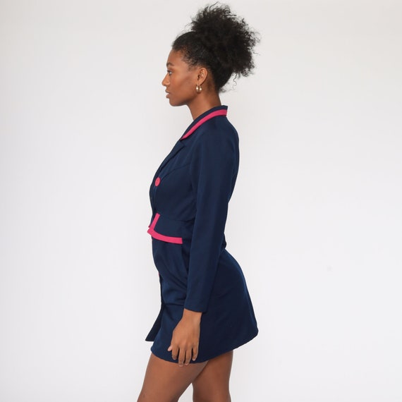 80s Jacket Dress Navy Blue Hot Pink Mini Vintage … - image 5