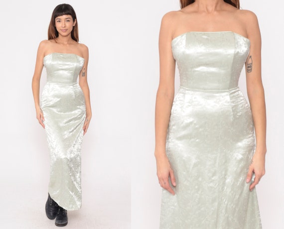 Strapless Party Dress Silver Floral Embroidered Jessica McClintock Formal Gown Metallic Maxi Evening Prom Glam Vintage 00s Extra Small xs 0