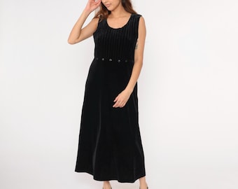 Vintage Black Velvet Dress 90s High Waisted Ribbed Going Out Maxi Stretch Velour Party Dress Sleeveless Shift Scoop Neck 1990s Medium