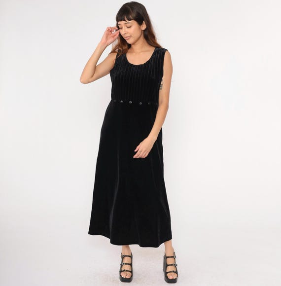 Vintage Black Velvet Dress 90s High Waisted Ribbed Going Out Maxi Stretch Velour Party Dress Sleeveless Shift Scoop Neck 1990s Medium