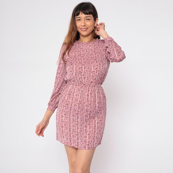 Pink Floral Dress 70s Boho Mini Embossed Striped Pearl Button Shoulder 1970s Long Puff Sleeve Dress Vintage High Waist Bohemian Small Petite