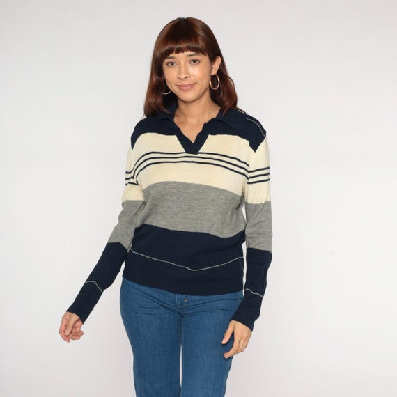 Striped Polo Sweater 70s Navy Cream Gray Color Block Long Sleeve Vintage Preppy Collared Knit Classic  Collegiate Unisex Athletic Medium