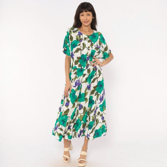 80s Tropical Hibiscus Dress Teal Purple Floral  Button Front Short Sleeve White Green Flower Summer Cottagecore Garden Party Vintage Large L