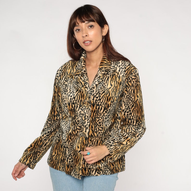 Animal Print Jacket 90s Faux Fur Coat Button up Blazer Cheetah Leopard Tiger Stripe Boho Cocktail Party Furry Fuzzy Vintage 1990s Large L image 3