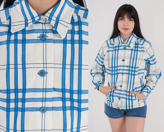 60s Plaid Jacket White Blue Checkered Print Button up Jacket Retro Lightweight Raglan Sleeve Preppy Mod Spring Cotton Vintage 1960s Medium M