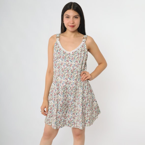 Grunge Mini Romper 90s White Ditsy Floral Print Tank Lace Trim V Neck Sleeveless Cottagecore Y2K Fairy Vintage Medium M 12