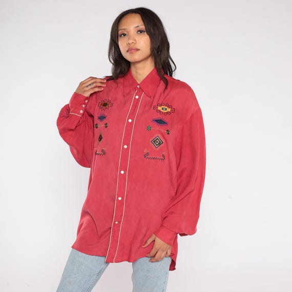 Nigel Cabourn Silk Shirt Designer Y2K Red Southwestern Embroidered Button Up Geometric Tribal Pattern Long Sleeve 100% Silk Size 3 Medium
