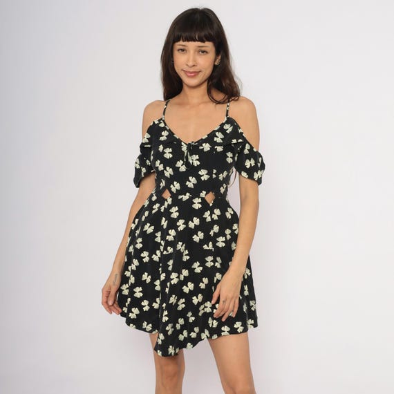 Bow Print Cutout Mini Dress Y2K Black Cream Cold Shoulder V Neck Fit Flare Summer Spring Beach Party Vacation Sundress Off White Small S