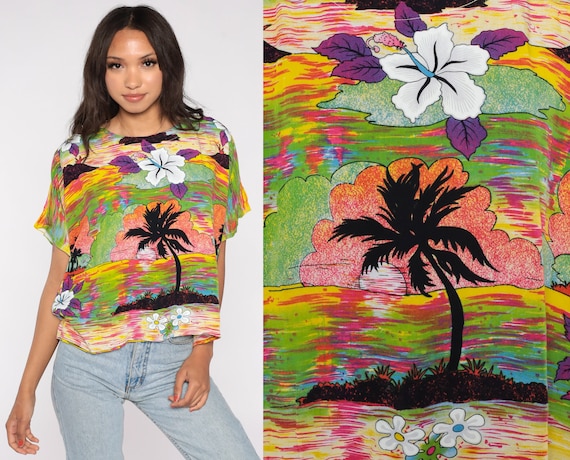 Batik Tropical Blouse 90s Floral Palm Tree Shirt Surfer Vacation Short Sleeve Retro Beach Tourist Top Vintage 1990s Small Medium Large