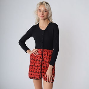 60s Mini Dress Black Red Floral Dress Quilted Long Sleeve Button up Shift Mod Sixties Retro Minidress Vintage 1960s I. Magnin Extra Small xs