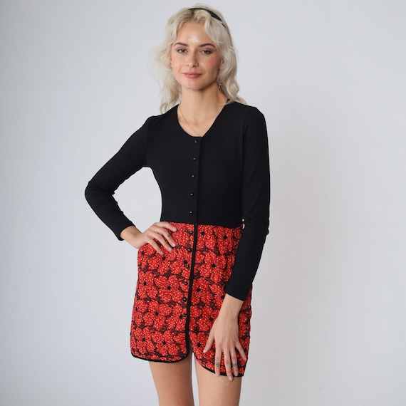 60s Mini Dress Black Red Floral Dress Quilted Long Sleeve Button up Shift Mod Sixties Retro Minidress Vintage 1960s I. Magnin Extra Small xs